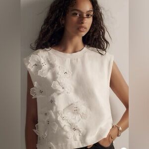 Anthropologie floral appliqué sleeveless muscle tank, 100% cotton, ivory/white